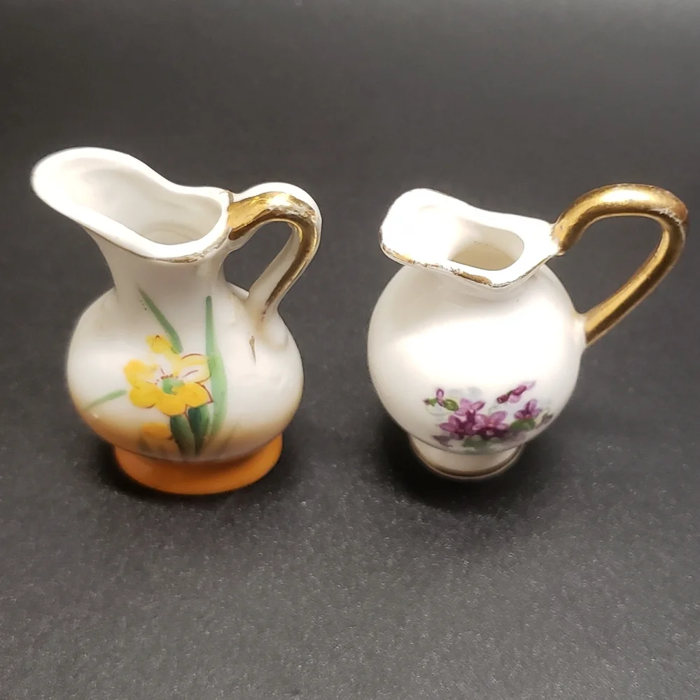 2 Vintage Mini Hand Painted Flower Creamer Vases, Made in Japan & Bone China